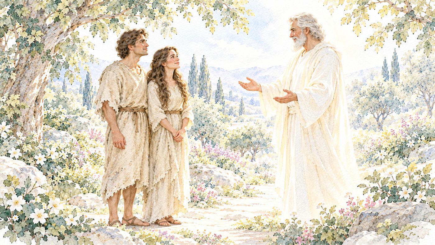 Watercolor: Adam and Eve, now dressed in simple tunics, stand calmly and look up at a white-robed, white-haired figure who reaches toward them with open hands.