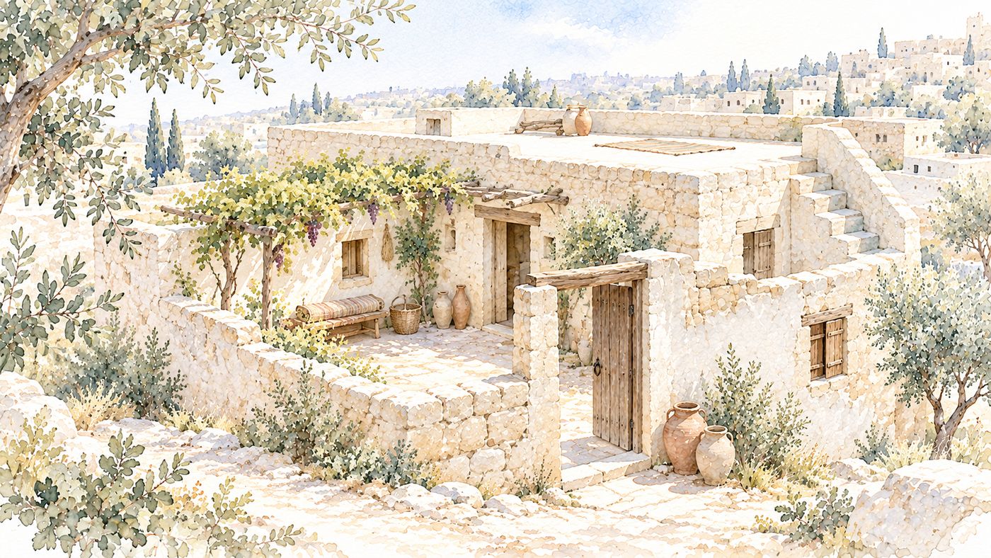 Watercolor: a whitewashed stone house with a clean courtyard, a vine-covered arbor, clay jars by the door and an open wooden gate, with no one in sight.