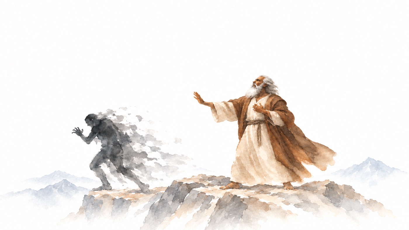 Watercolor: Moses in a white robe and brown mantle stands on a rocky summit, one hand raised and the other on his heart, looking upward, while a dark shadowy figure dissolves into smoke as it flees.
