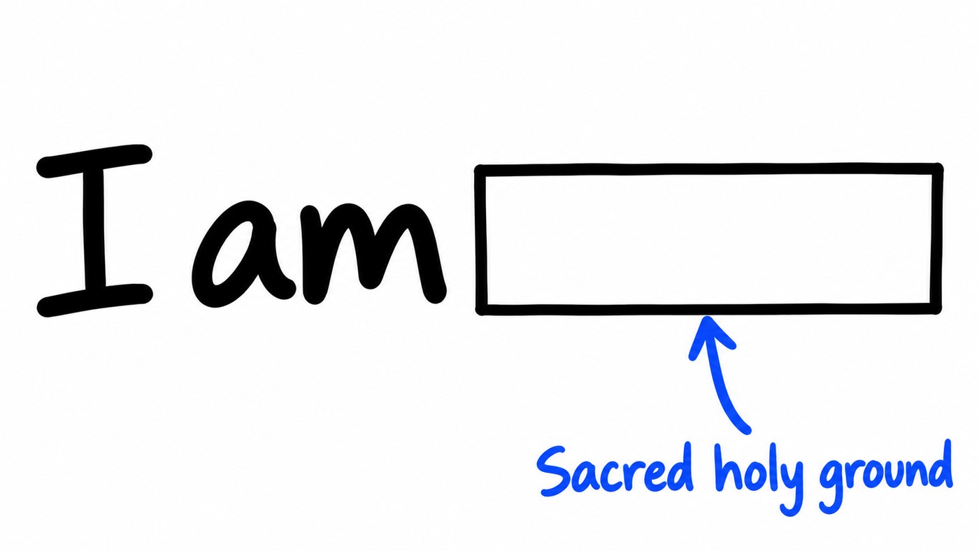 Whiteboard sketch: the words I am, followed by an empty box. A blue arrow points to the box, labeled Sacred holy ground.