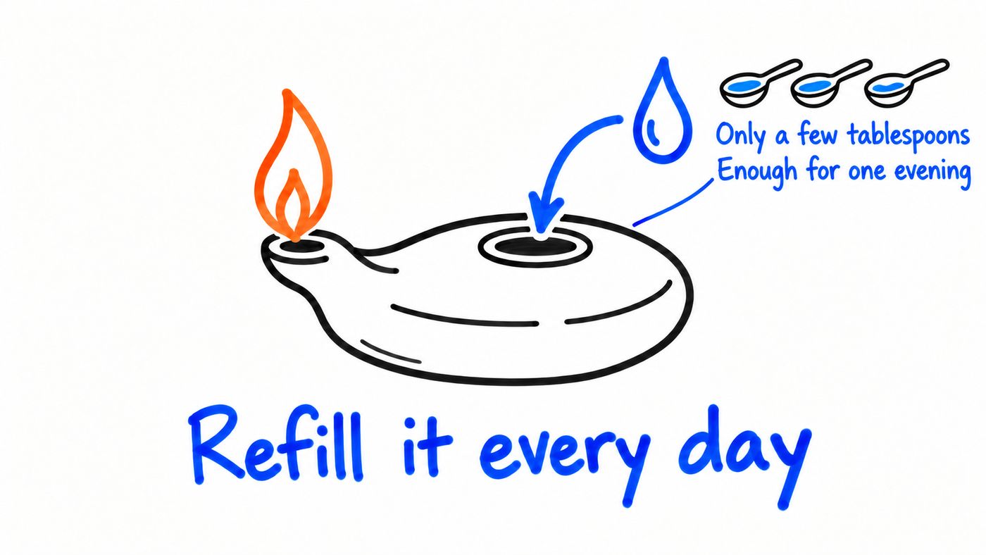 Whiteboard sketch: a small clay oil lamp with a flame, a drop of oil going into it, and three spoons labeled Only a few tablespoons, enough for one evening. Below, the words Refill it every day.