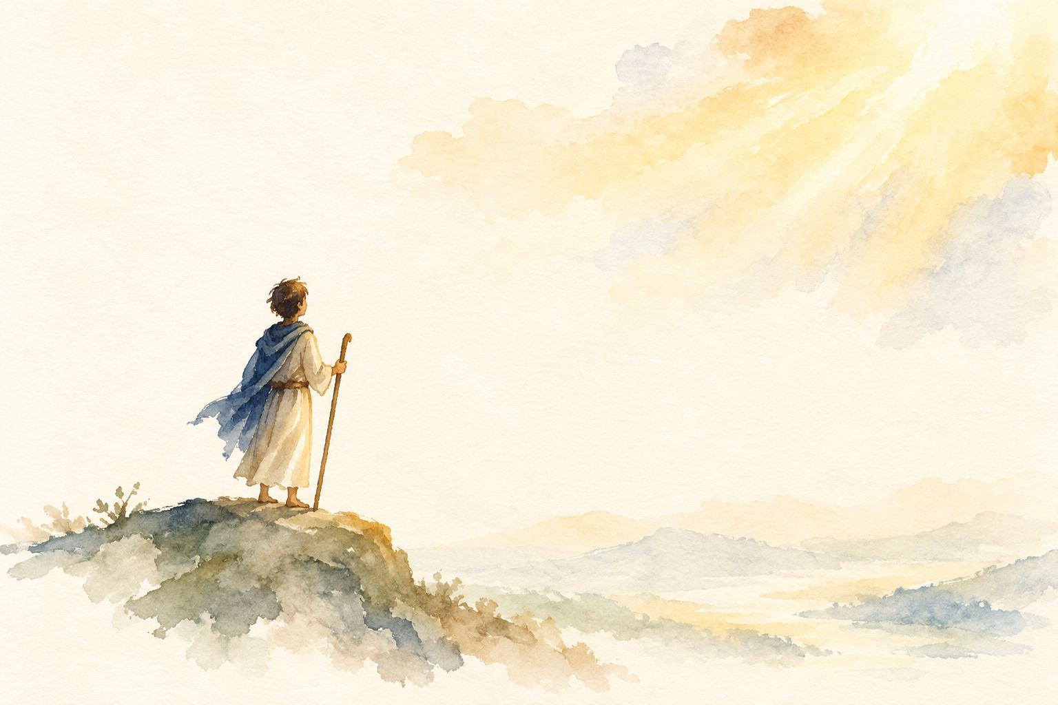 Watercolor of a young man with a staff standing on a hilltop, looking up into warm light breaking through the sky