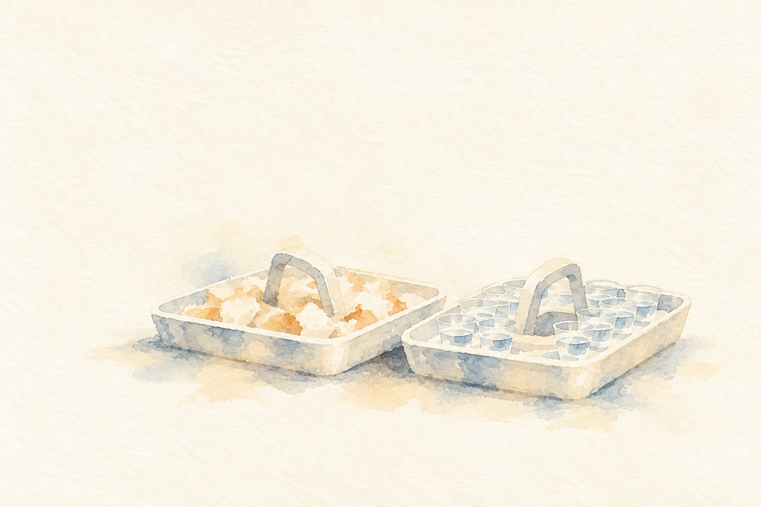Watercolor of two sacrament trays side by side, one holding broken bread and the other small cups of water