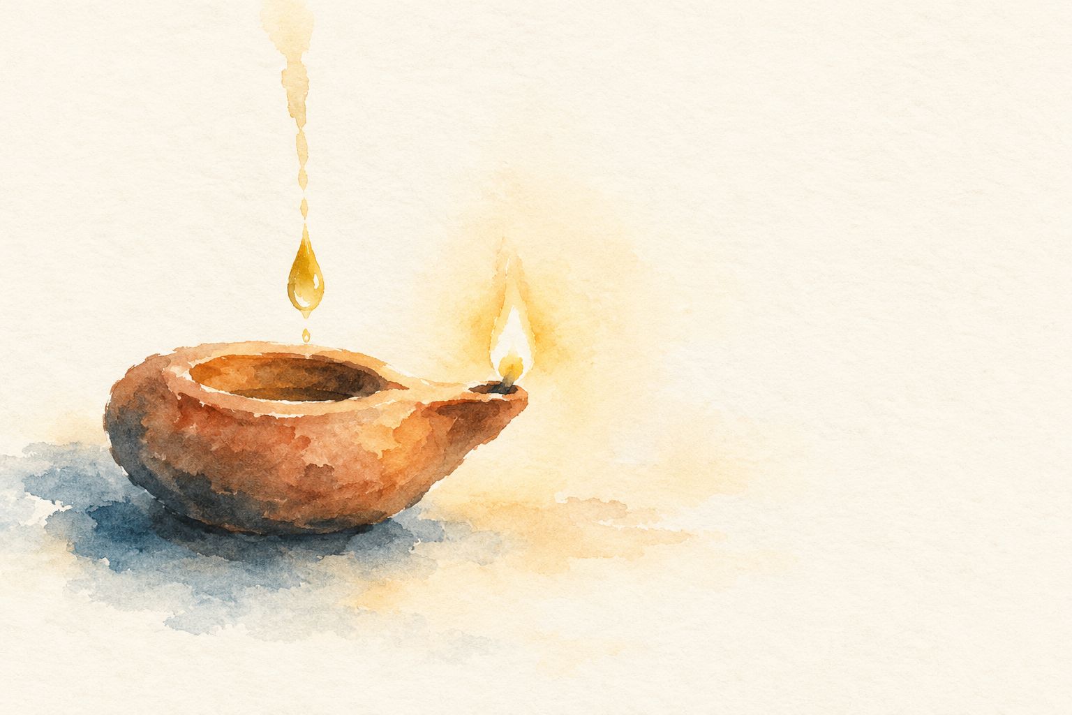 Watercolor of a small clay oil lamp, its flame burning, as a drop of fresh oil falls into it