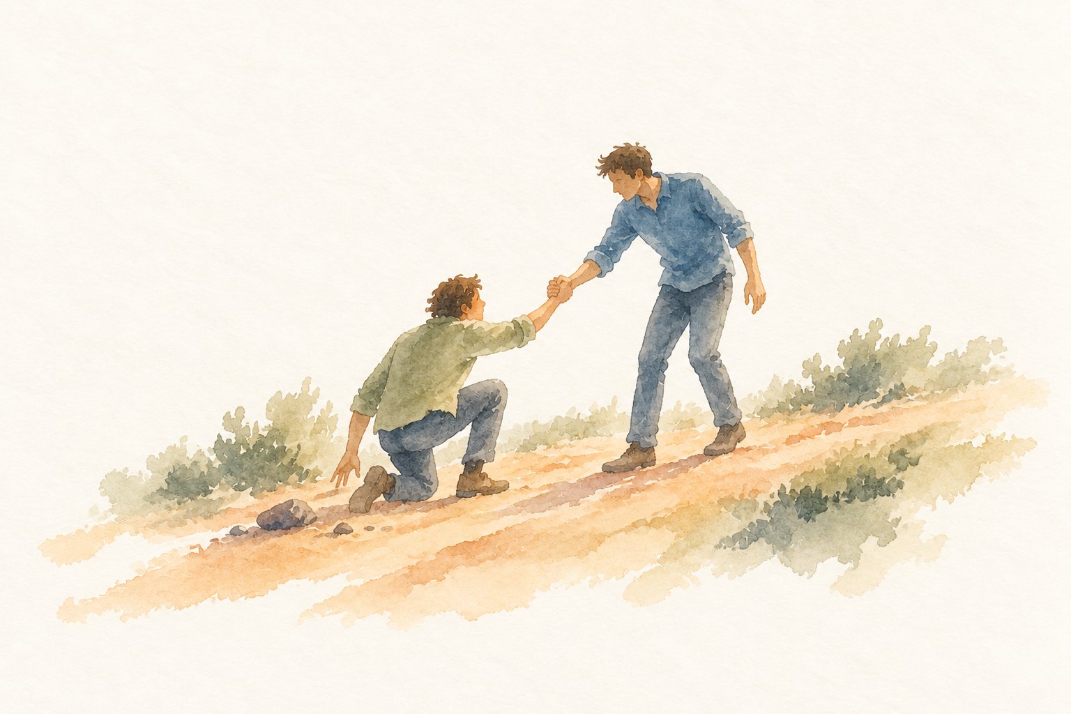Watercolor of a young man in a blue shirt reaching down to pull his kneeling friend to his feet on a sunlit hillside path