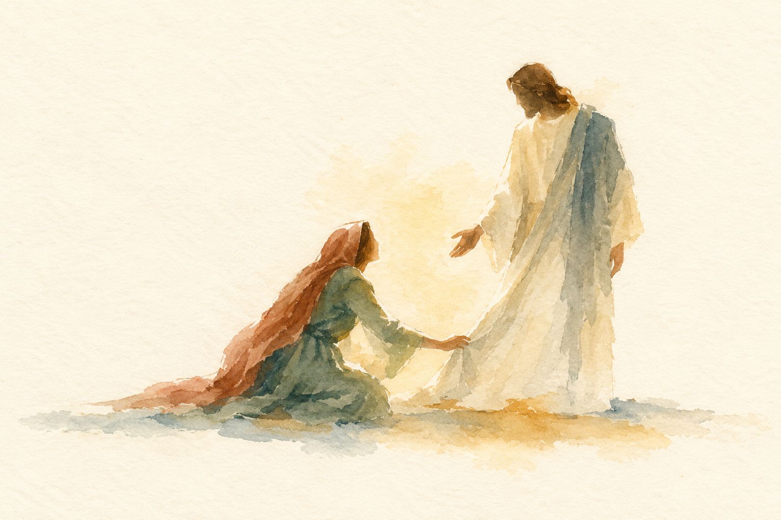 Watercolor of a woman kneeling and reaching for the Savior, who turns and extends His hand to her