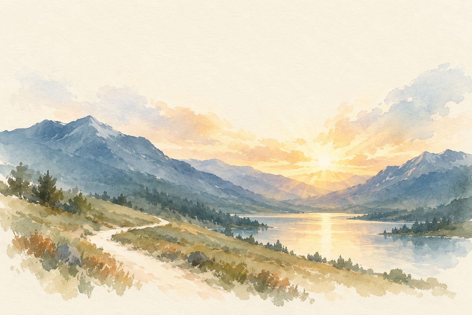 Watercolor of a mountain valley at sunrise, a path winding beside a still lake toward the light