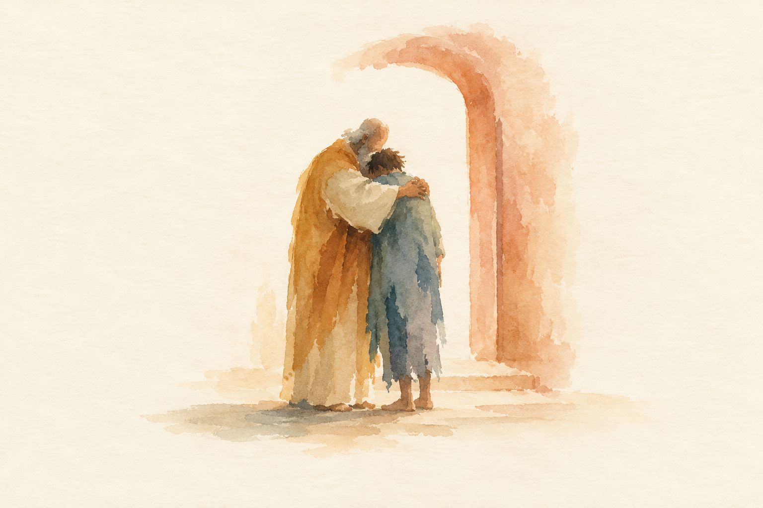 Watercolor of an aged father in a golden robe embracing his returning son at the doorway of his home
